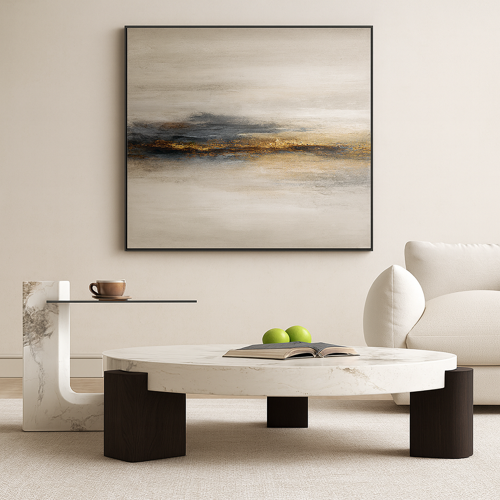 Modern living room with marble coffee table, abstract painting, and white sofa.