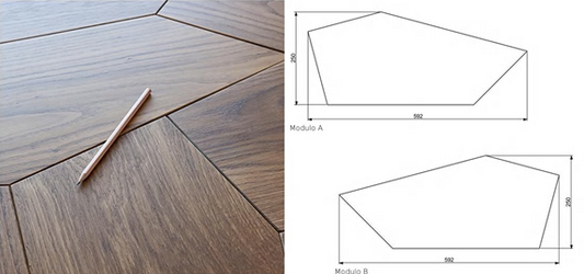 Close-up of Alvoro geometric wood planks showing angled shapes and natural grain – SAIBA Homes