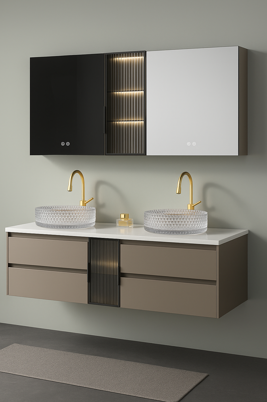 Ambreos Wall-Mounted Vanity: Double Sink with LED Mirror and Fluted Glass Cabinet