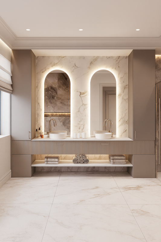 Modern double bathroom vanity with fluted detailing and integrated open shelf. SAIBA Homes