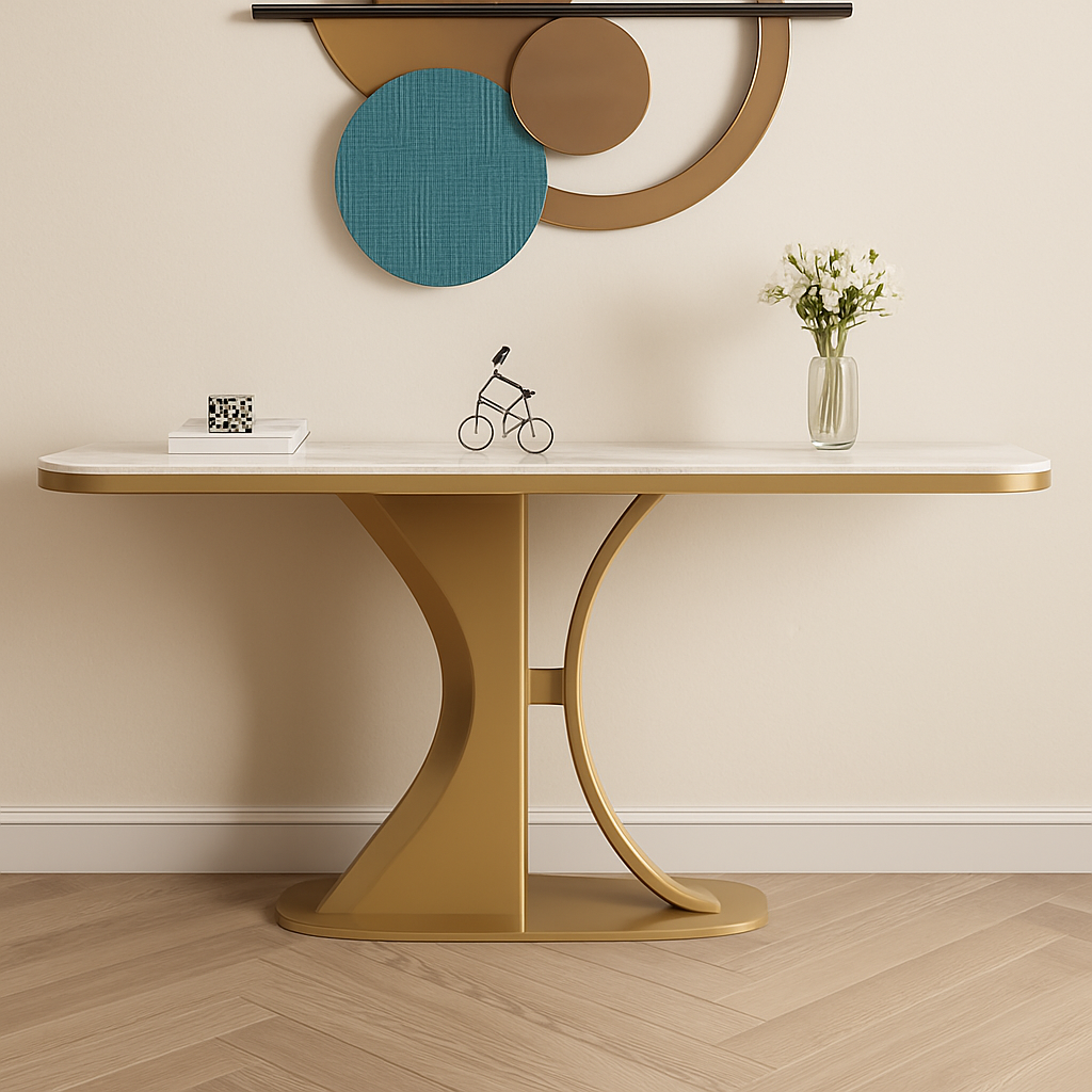 Modern dining table with decorative elements against a beige wall.