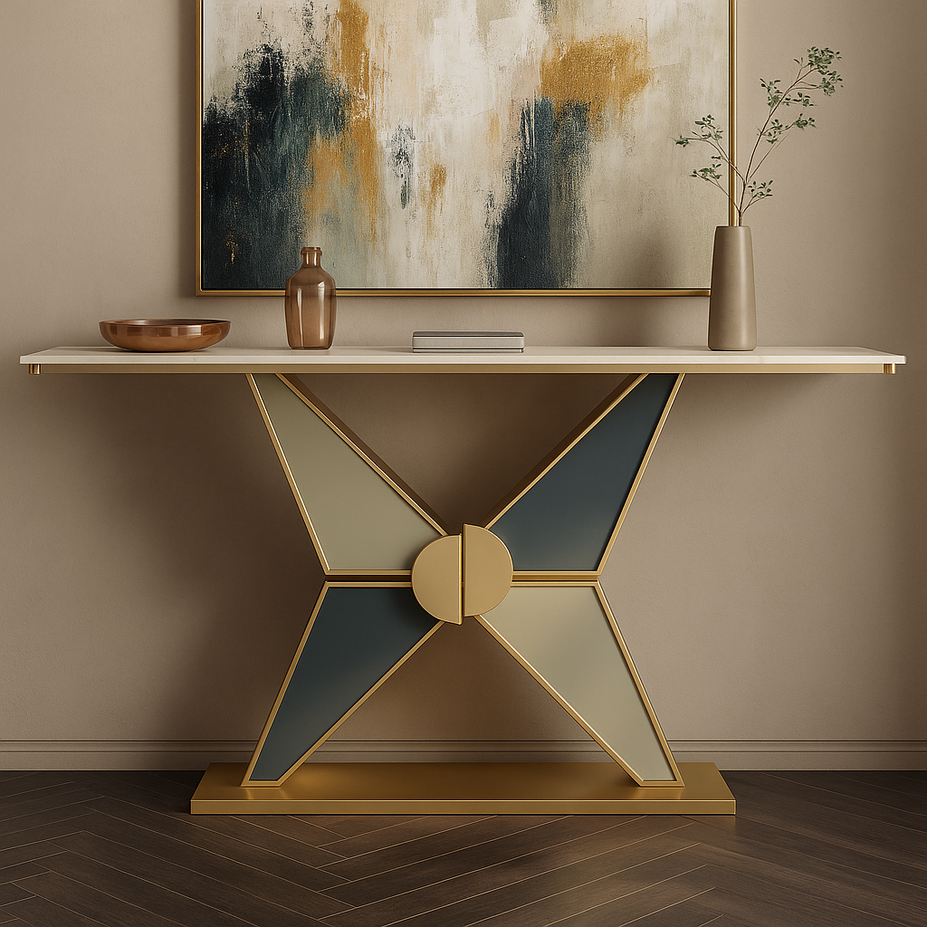 Modern console table with geometric design in a room with abstract painting and vases.