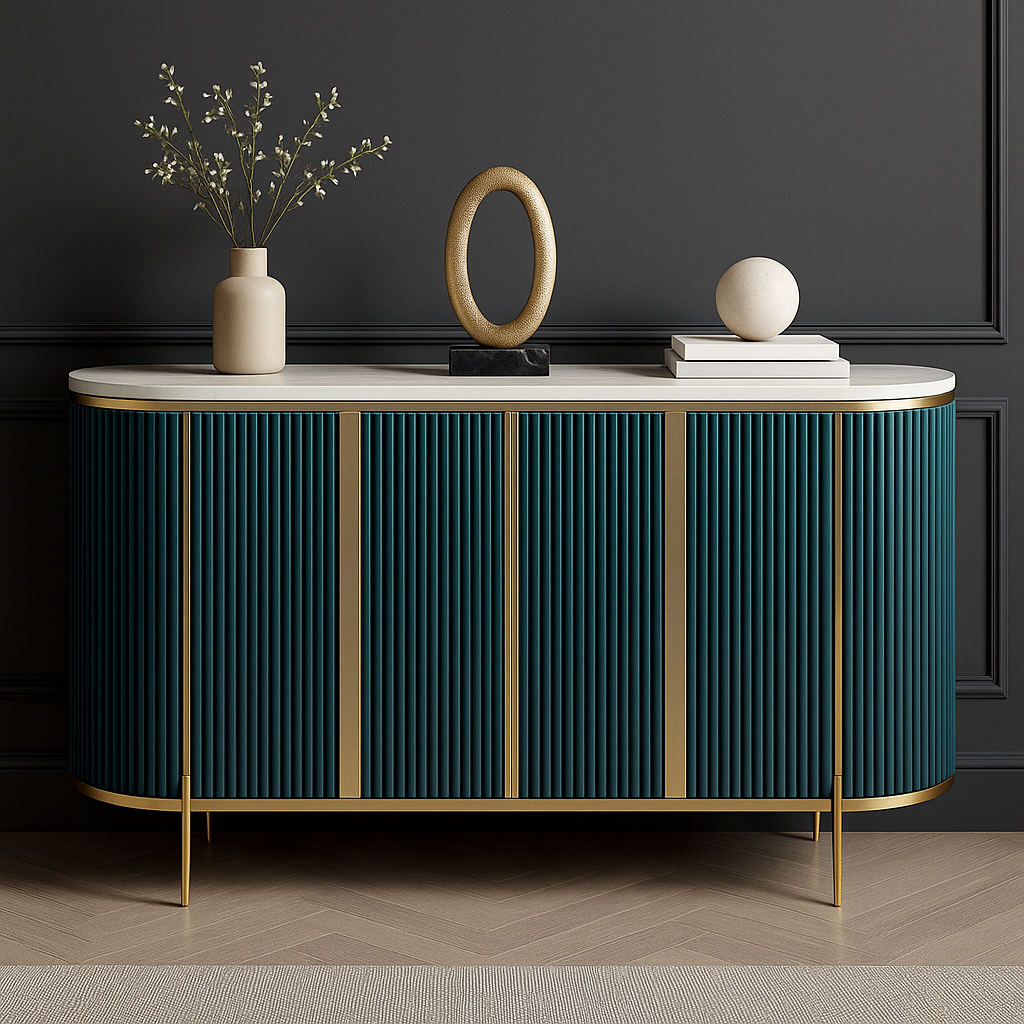 Modern teal console with gold accents against a dark wall