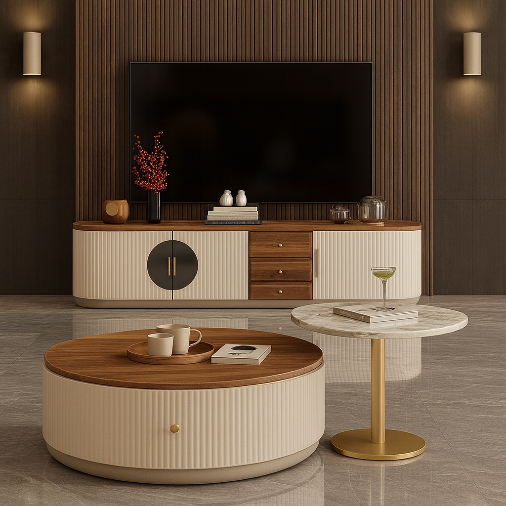 Modern living room with a TV above a wooden and white entertainment console, round wooden coffee table, and marble side table.