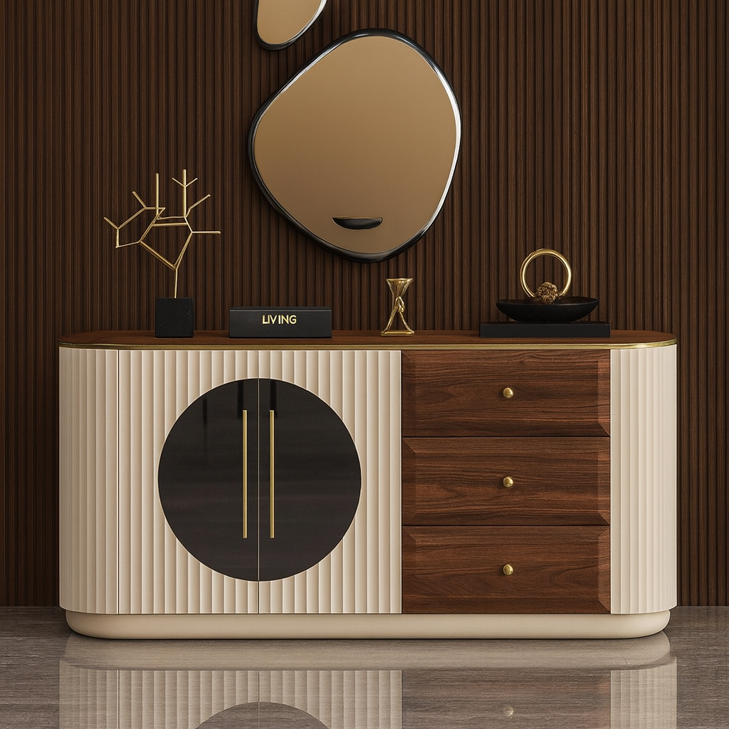 Modern wooden console table with decorative items against a brown wall.