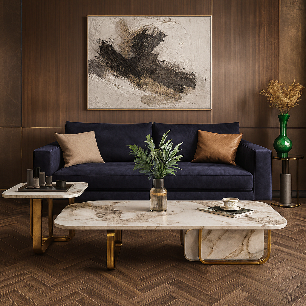 Modern living room with a navy blue sofa, marble coffee table, and abstract art on the wall.