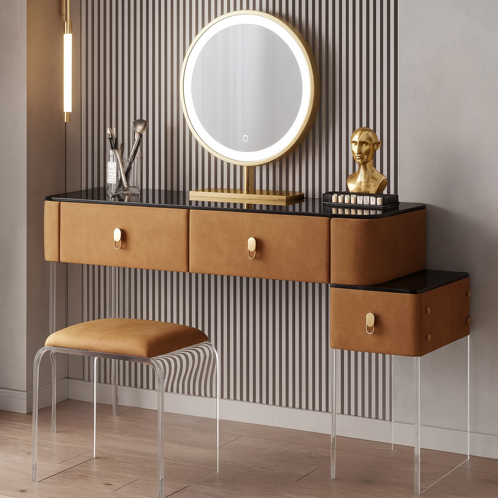 Dressing table with round mirror, drawers, and stool against a striped wall.
