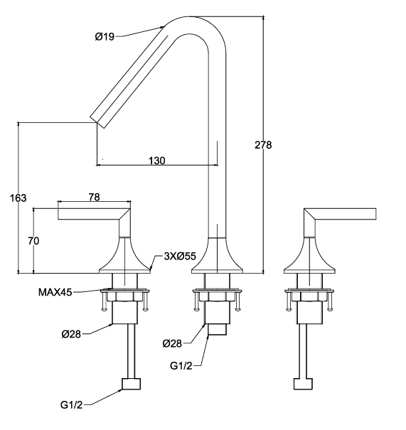 Technical drawing of a kitchen faucet with dimensions