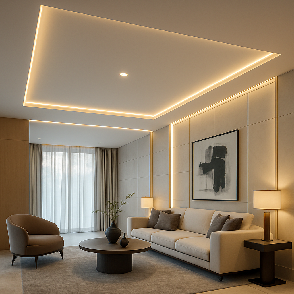 Modern living room with ceiling strip lighting, beige sofa, armchair, and decorative elements.