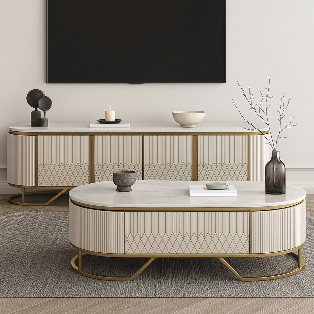 Modern living room with a stylish coffee table and TV console.