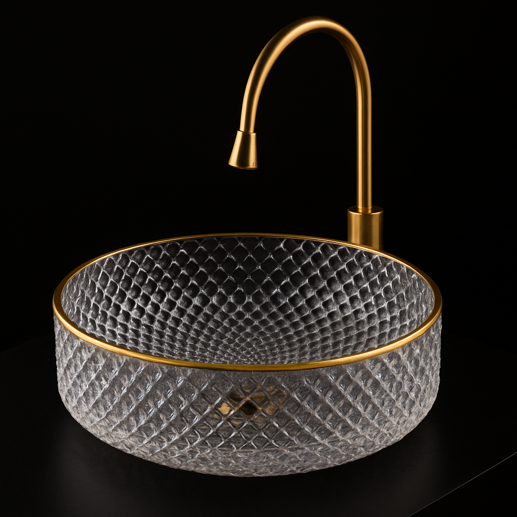 Glass textured sink with gold rim and faucet on a black background