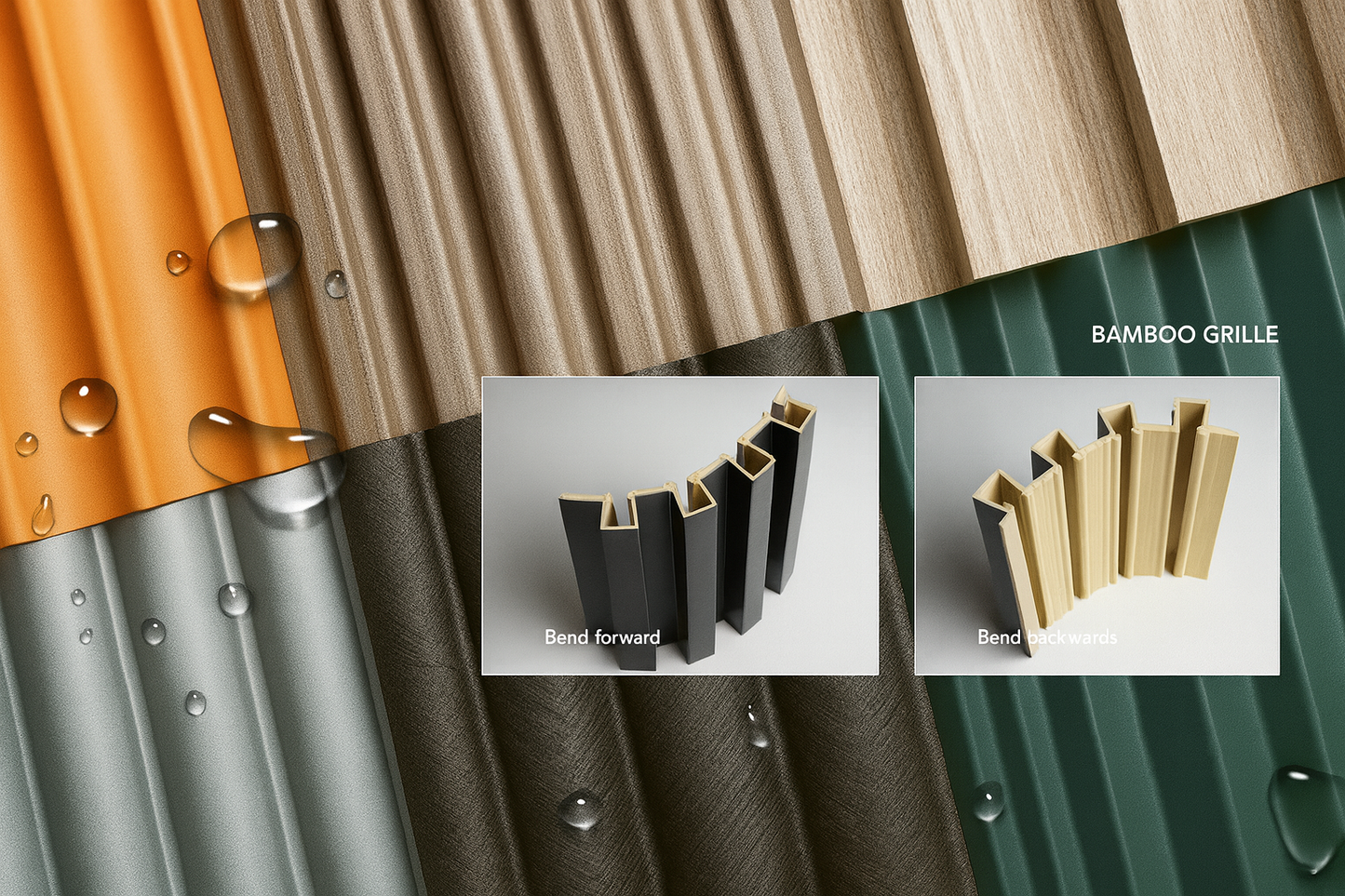 Close-up of hollow bamboo fluted wall panels in various finish. SAIBA Homes