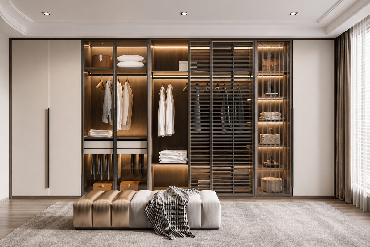A modern walk-in closet system with glass doors, warm interior lighting, hanging garments, folded textiles, and a matching bench in a styled bedroom or dressing room setting.