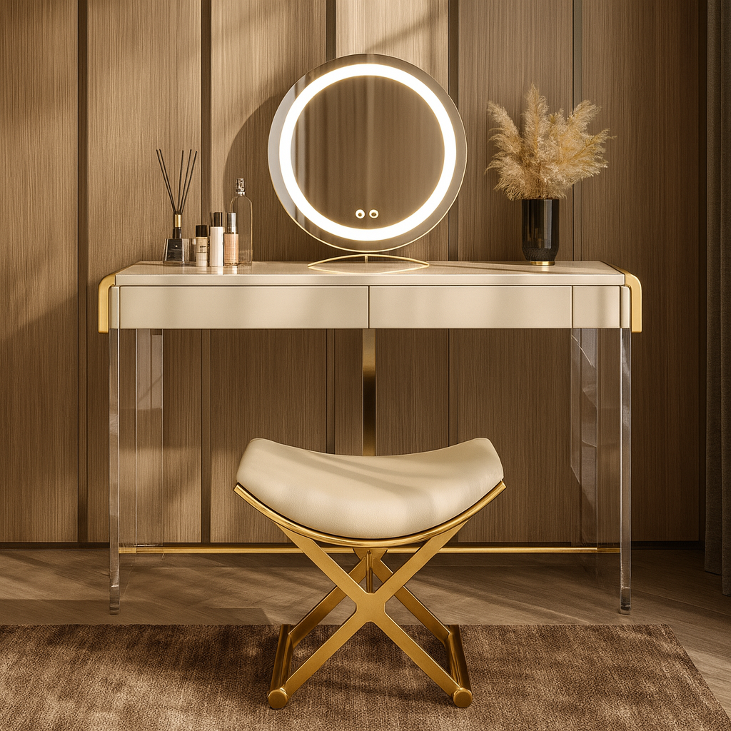 Dressing table with illuminated mirror and stool in a room with wooden walls.