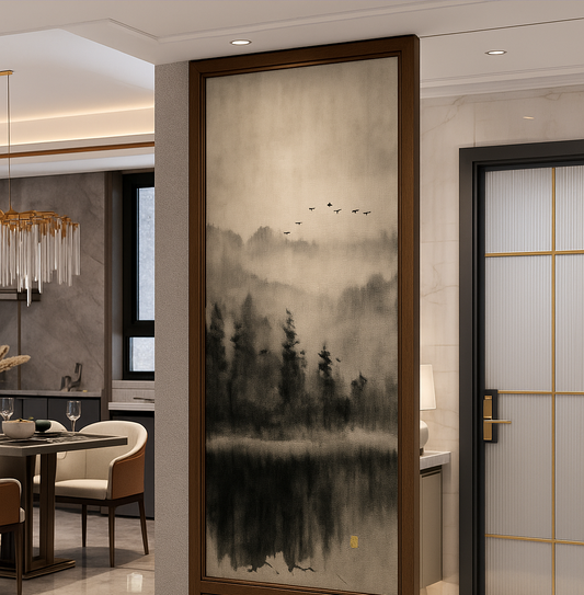 Montaro rose gold framed wall partition featuring misty mountain landscape artwork.