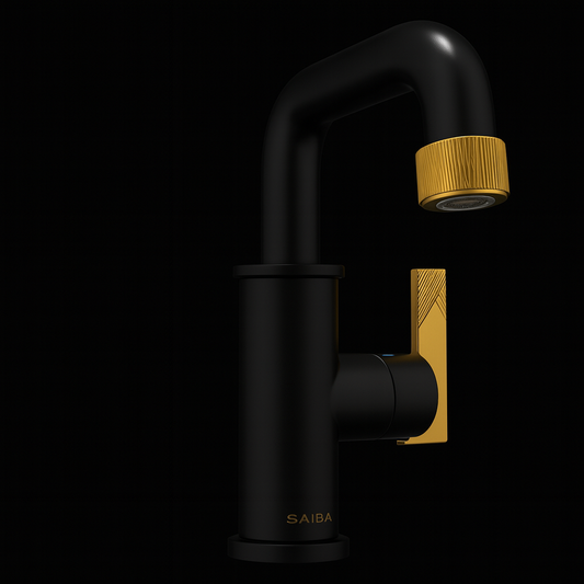 Close-up view of Onyxa luxury faucet in matte black and brushed gold accents on modern vanity