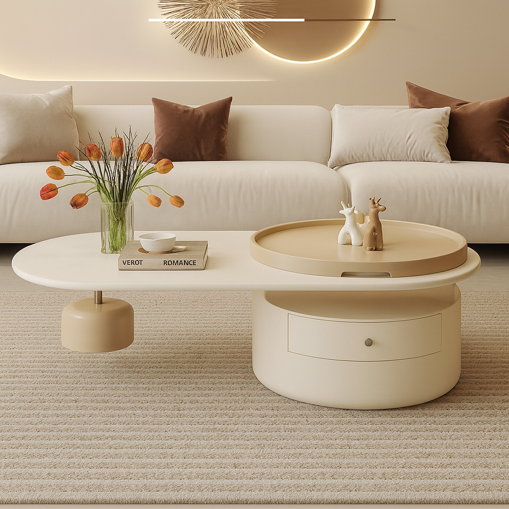 Modern living room with a beige sofa, coffee table, and decorative items.