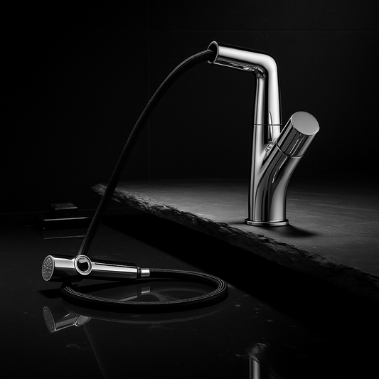 Pull-out sprayer extended from chrome kitchen faucet.