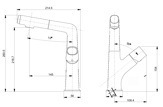 Technical drawing of the Orren faucet dimensions