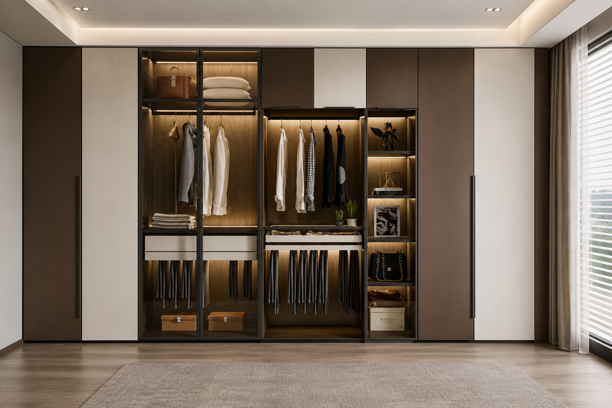 A modern built-in wardrobe system with dark brown and off-white doors, glass panels, hanging rods, shelves, and warm under-cabinet lighting, shown in a styled interior room with wood flooring and a window.