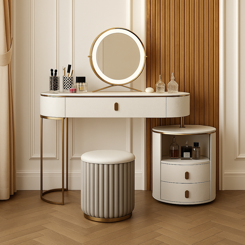 Dressing table with mirror, stool, and small cabinet in a stylish room.