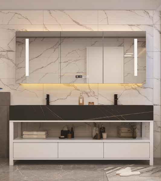 Floating double vanity with black marble-look countertop, LED mirror cabinet, matte black faucets, and open shelf storage – SAIBA Homes.