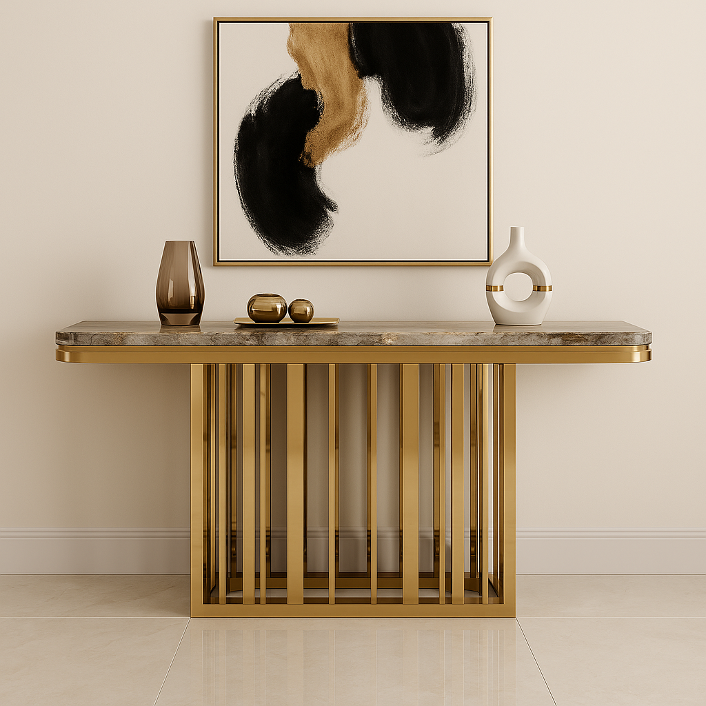 Modern console table with gold frame and marble top in a room with abstract art on the wall.
