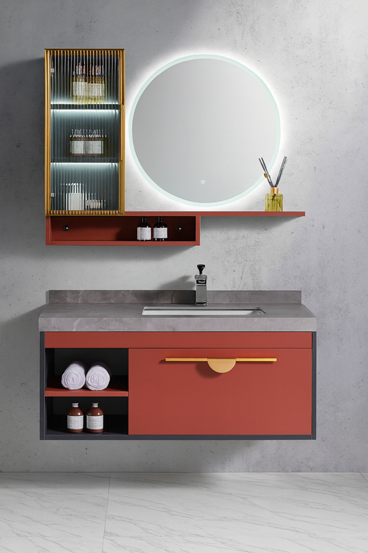 Rosavea modern wall-mounted coral bathroom vanity with gold hardware, grey countertop, and LED mirror – SAIBA Homes.