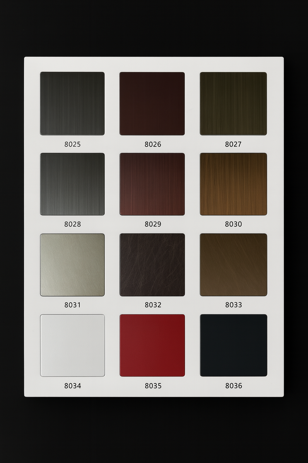 Colour swatch chart with various shades of brown and red on a white background