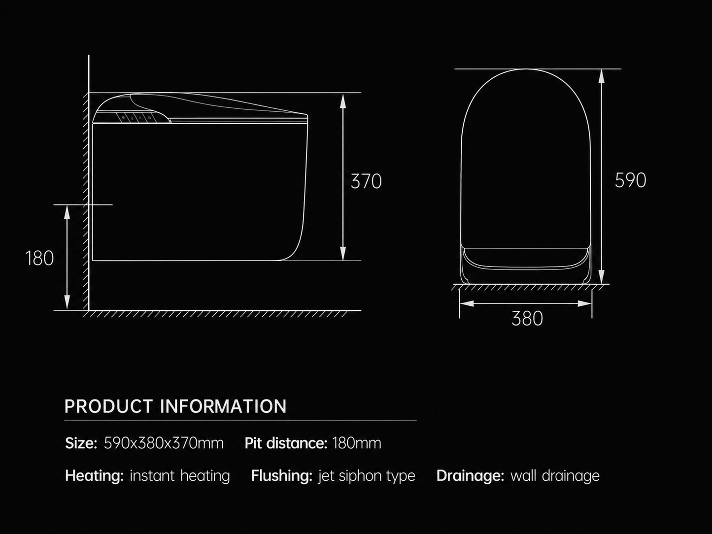 Technical dimension diagram of a wall-mounted toilet seat lid with front and side cross-sections, labeled with measurements 370, 180, 590, and 380, plus product information text on a black background.