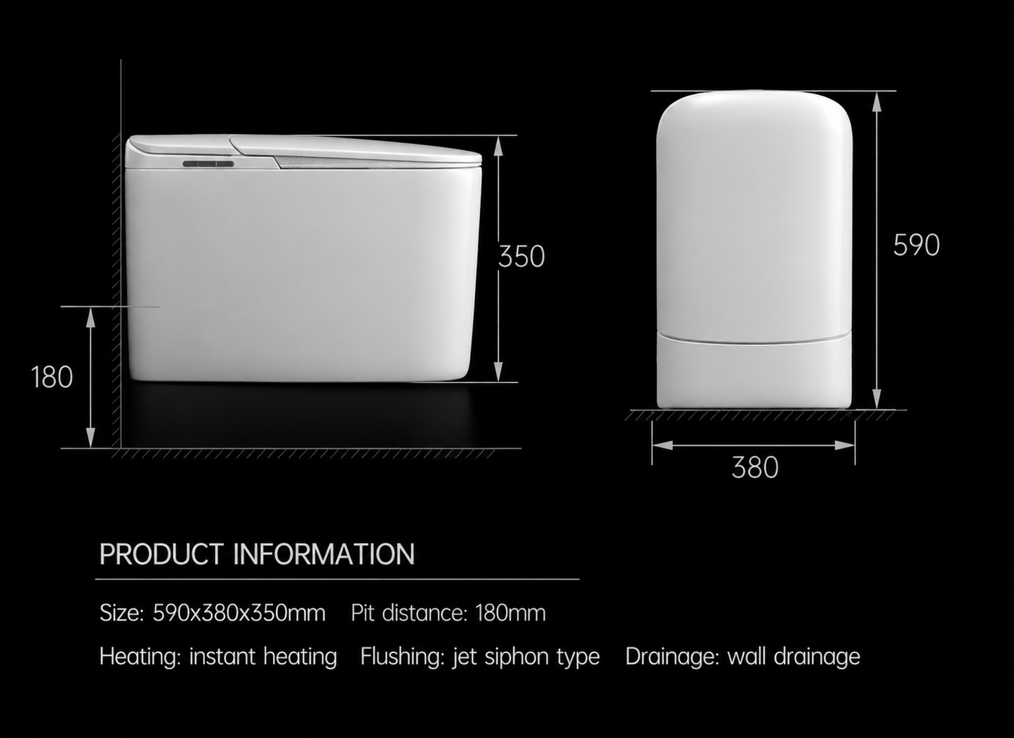 Product dimension diagram showing a white cylindrical appliance from two angles on a black background, with measurements labeled 590, 380, and 180, plus product information text below.