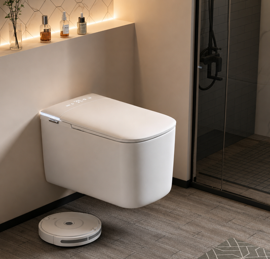A white wall-mounted smart toilet is shown installed in a modern bathroom, with a robot vacuum on the floor below and a glass shower door to the right.