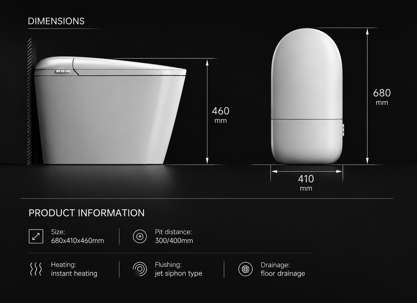 Product dimension diagram for a compact white smart toilet on a black background, showing front and side views with measurements labeled 460 mm, 680 mm, and 410 mm, plus product info text below.