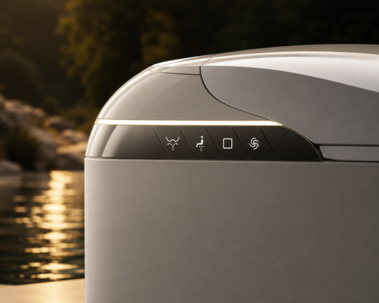Close-up of a modern cylindrical appliance with a glossy curved top, black control panel featuring four white icons, and a warm ambient light strip, set against a blurred outdoor background of water and trees.