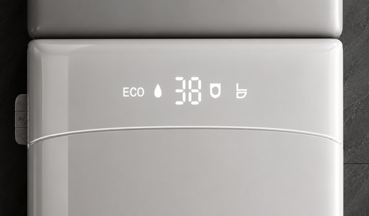 Close-up of a modern white appliance front panel with a digital display showing ECO and 38, photographed against a dark background.