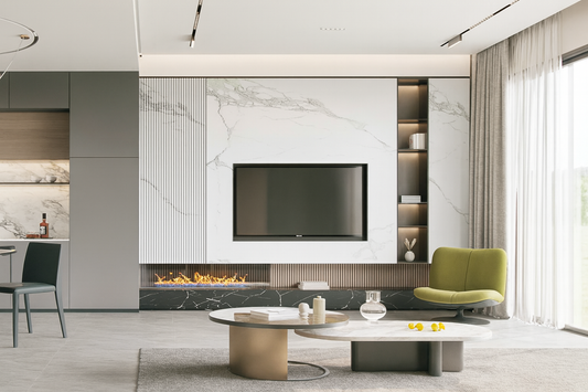 Stone Edition fluted panels installed in a modern living room feature wall. SAIBA Homes