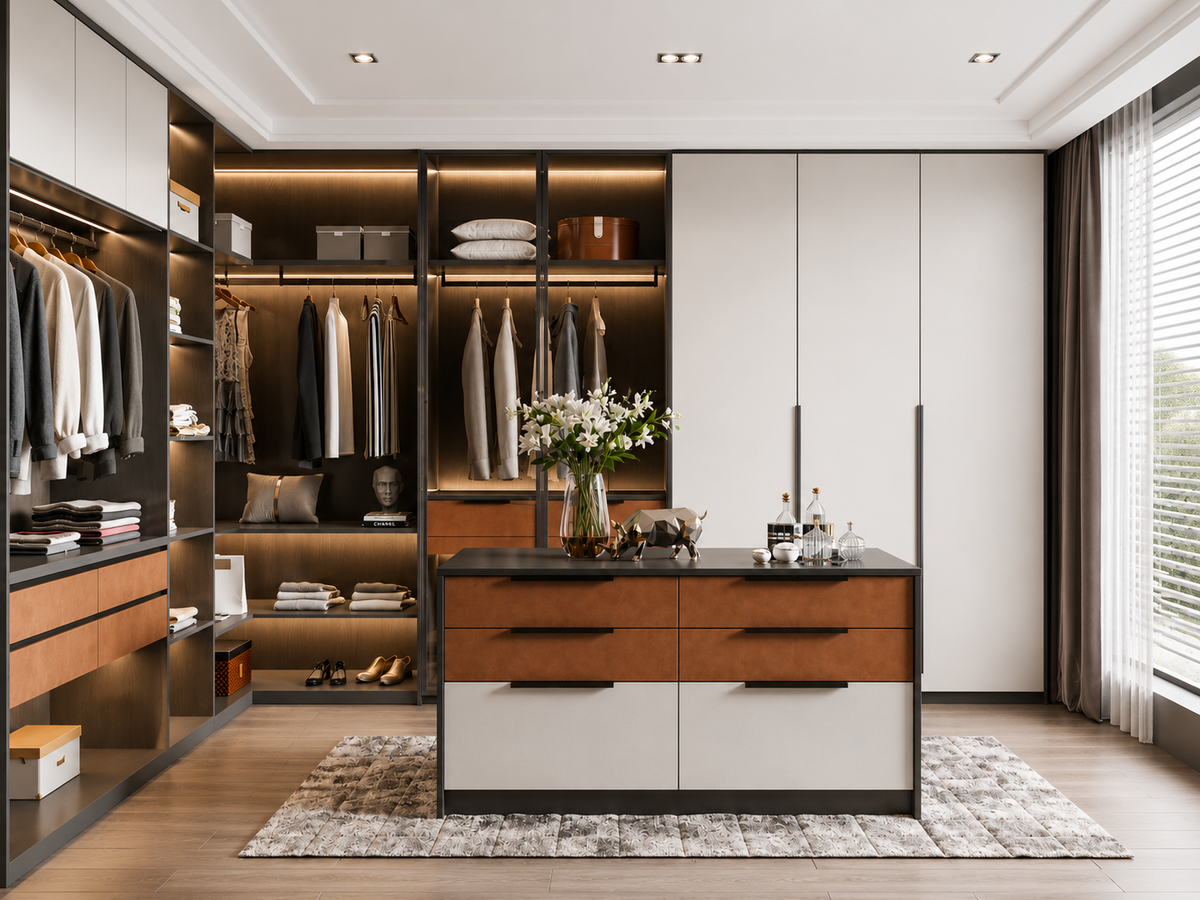 A modern walk-in closet room with built-in cabinetry, open shelving, hanging garments, and a central island desk with wood and white panels, shown in a clean interior setting.