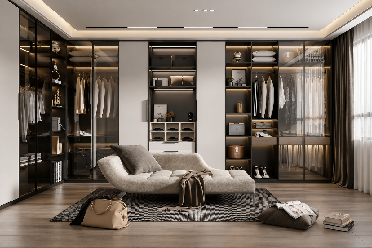 A modern, luxurious walk-in closet room featuring a large beige chaise lounge chair in the center, surrounded by extensive built-in glass-front wardrobes with shelves, hanging clothes, and warm ambient lighting. The room has light wood floors, a dark gray rug, and neutral decor.