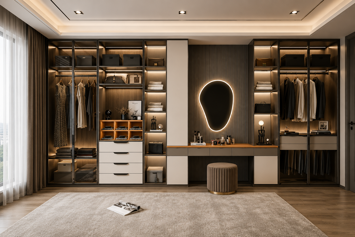 A modern walk-in closet room with built-in shelving, hanging garments, drawers, a vanity desk, an oval backlit mirror, and a ribbed stool, shown in a clean interior setting.
