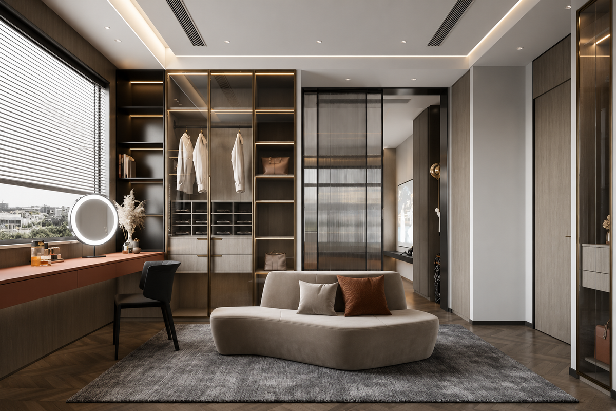 A modern luxury home interior featuring a curved beige lounge sofa with accent pillows on a gray rug, a built-in vanity desk with a circular mirror, and a large walk-in closet with shelving and hanging garments.