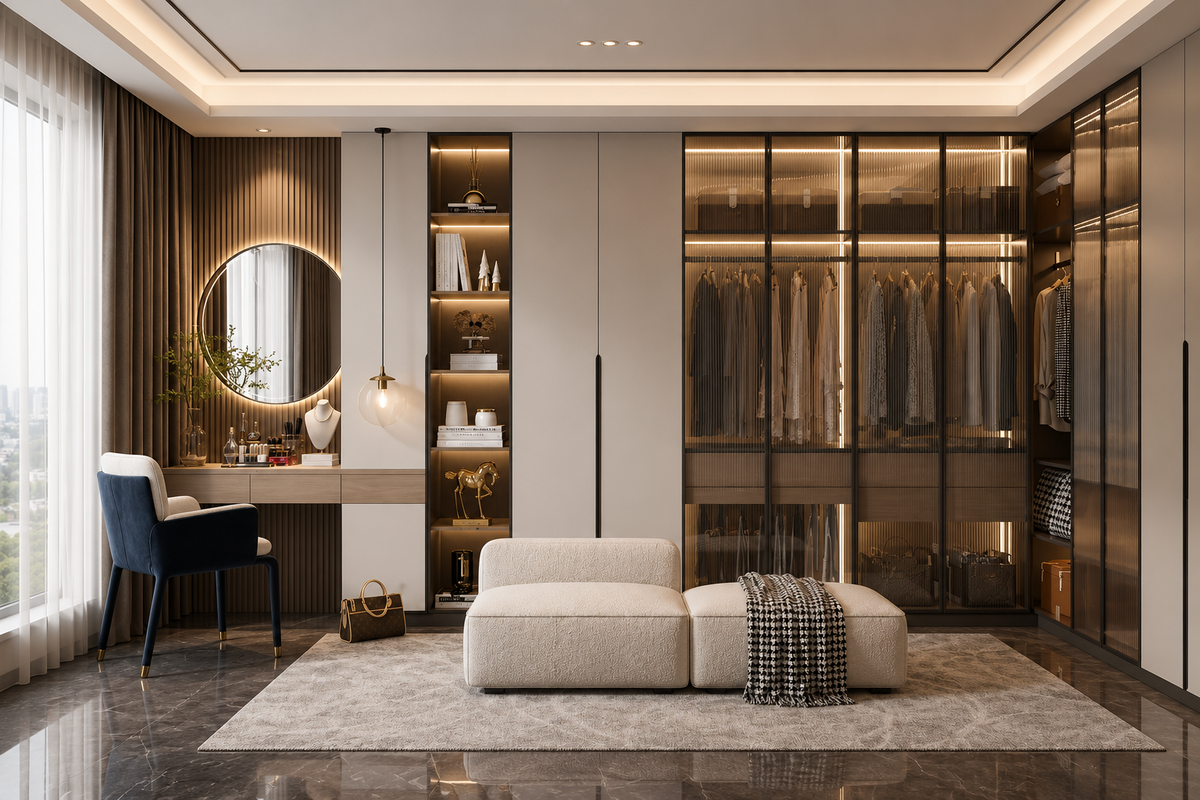 A modern walk-in closet room with built-in shelving, glass doors, hanging garments, a vanity desk with a round mirror, a blue chair, and a light beige sectional sofa on a rug.