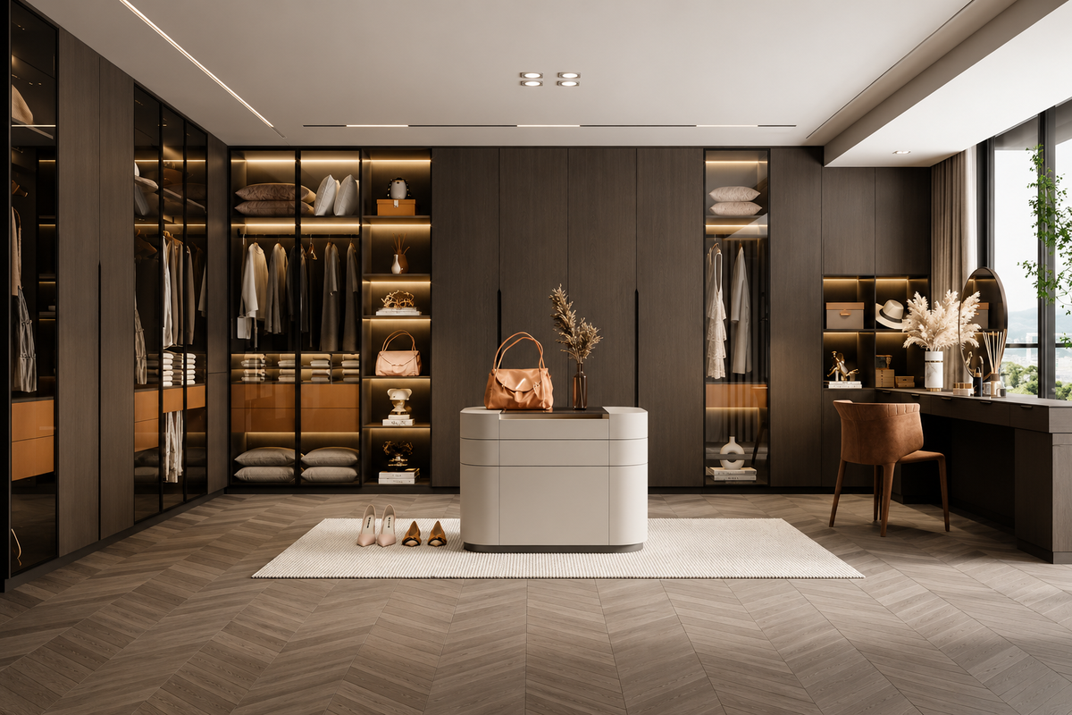 A luxury modern walk-in closet room with dark wood cabinetry, glass doors, built-in shelving with warm lighting, a central white console table, herringbone wood flooring, and a desk area by a window.