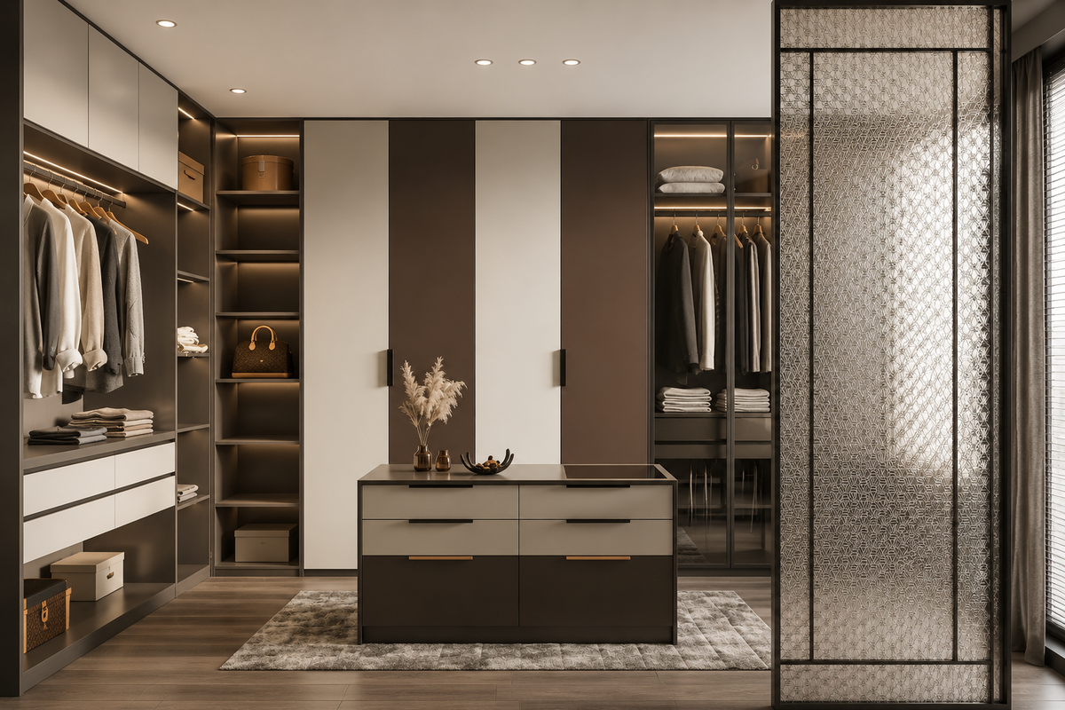 A modern walk-in closet interior with dark brown and beige cabinets, hanging garments, shelving, a central console table, and a decorative glass partition screen.
