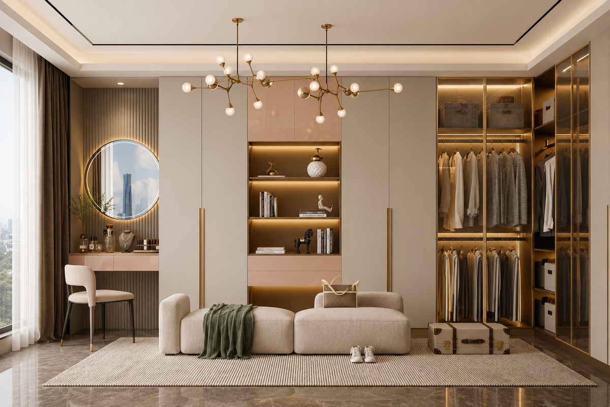 A luxury modern walk-in closet room featuring a beige sectional sofa, a green throw blanket, a built-in vanity desk with a round mirror, and gold-framed walk-in closets filled with clothing and storage boxes.