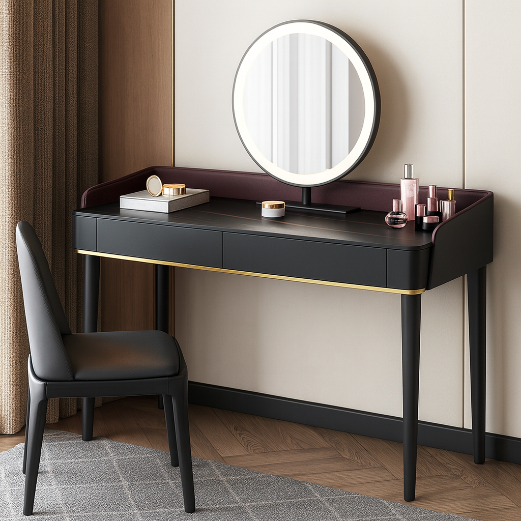 Modern black vanity desk with round mirror and chair in a bedroom setting