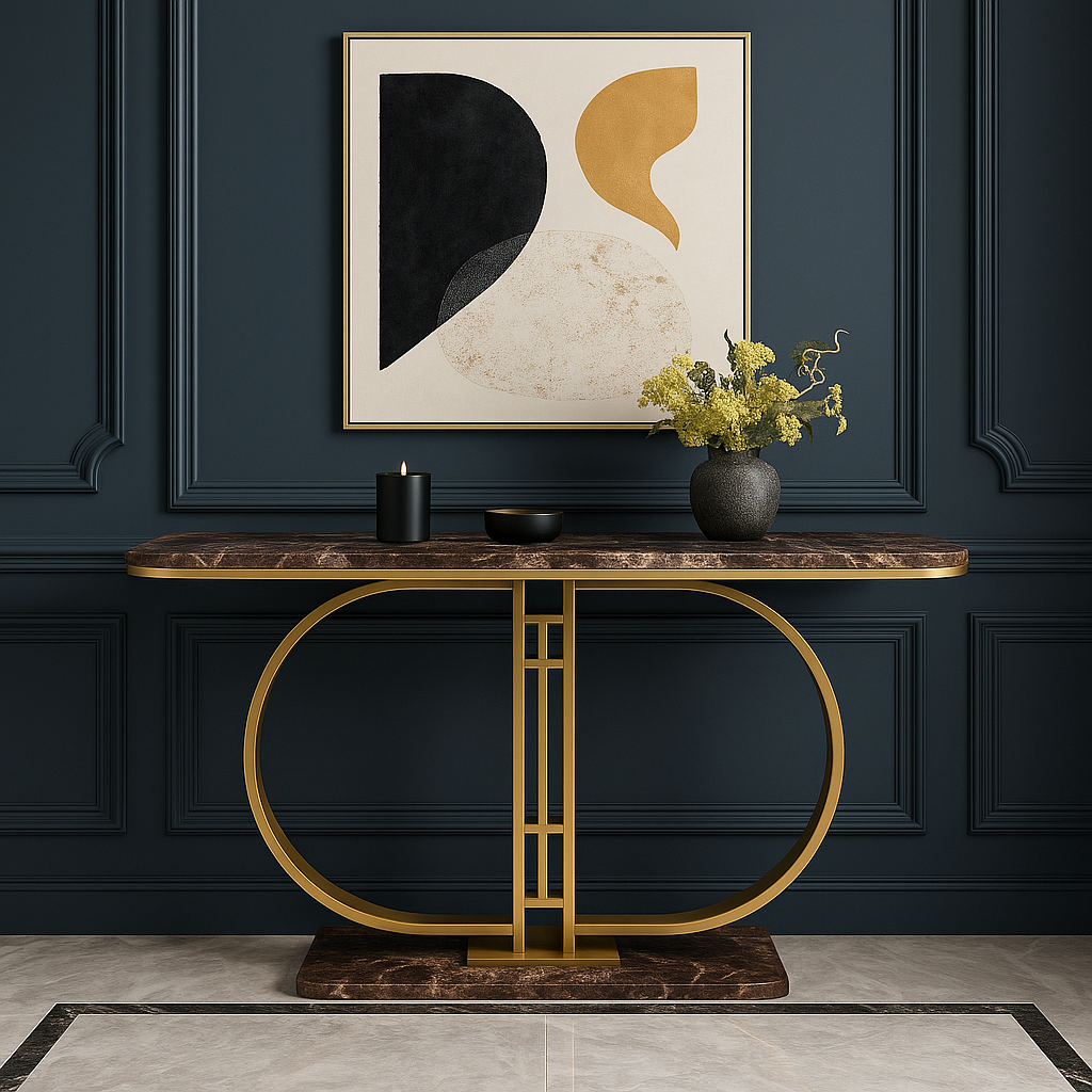 Decorative console table with marble top and gold frame against a dark blue wall with abstract art.