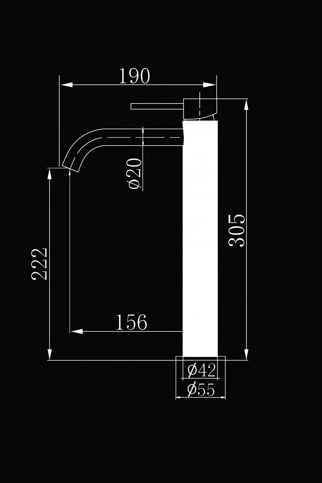 Technical drawing of a faucet with dimensions on a black background