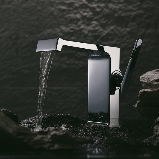 Smart Waterfall Faucet running water into a modern basin with LED temperature display