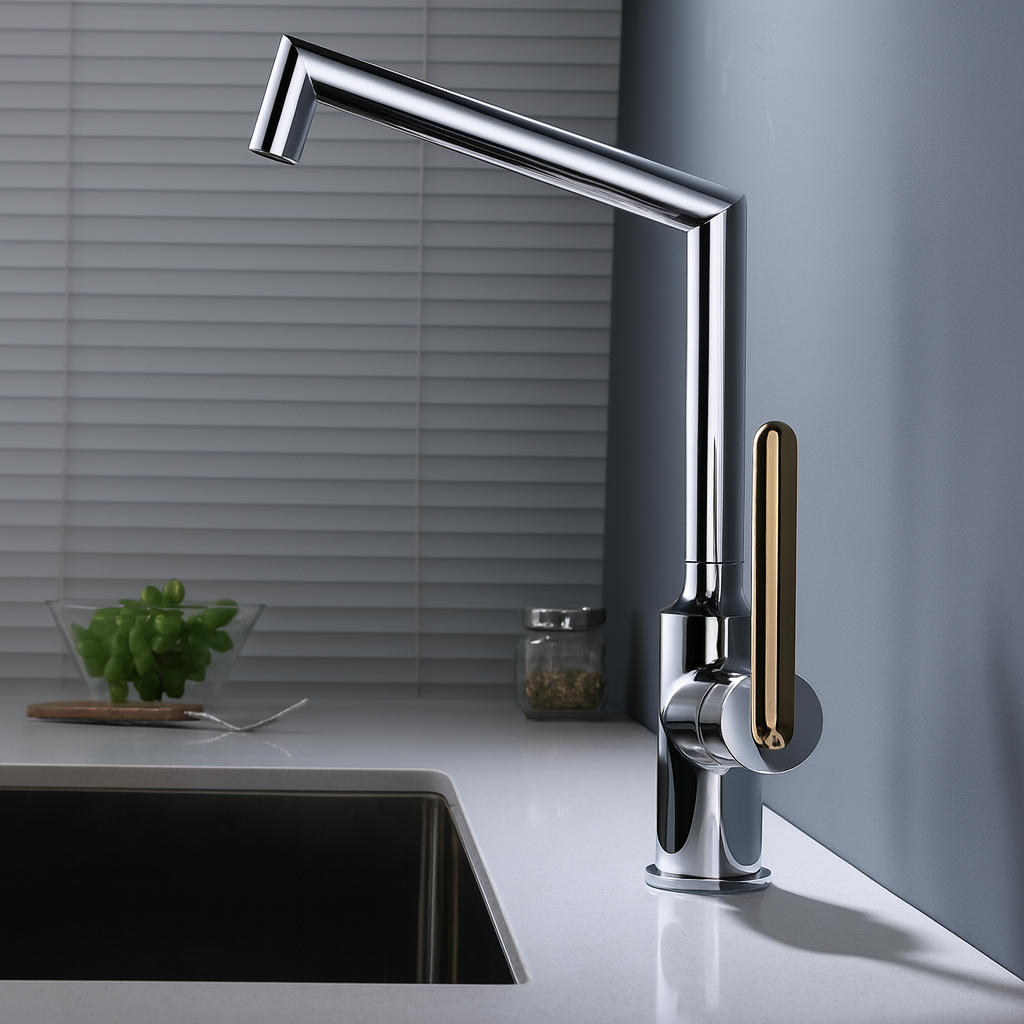 Modern kitchen faucet with a sleek design on a countertop.