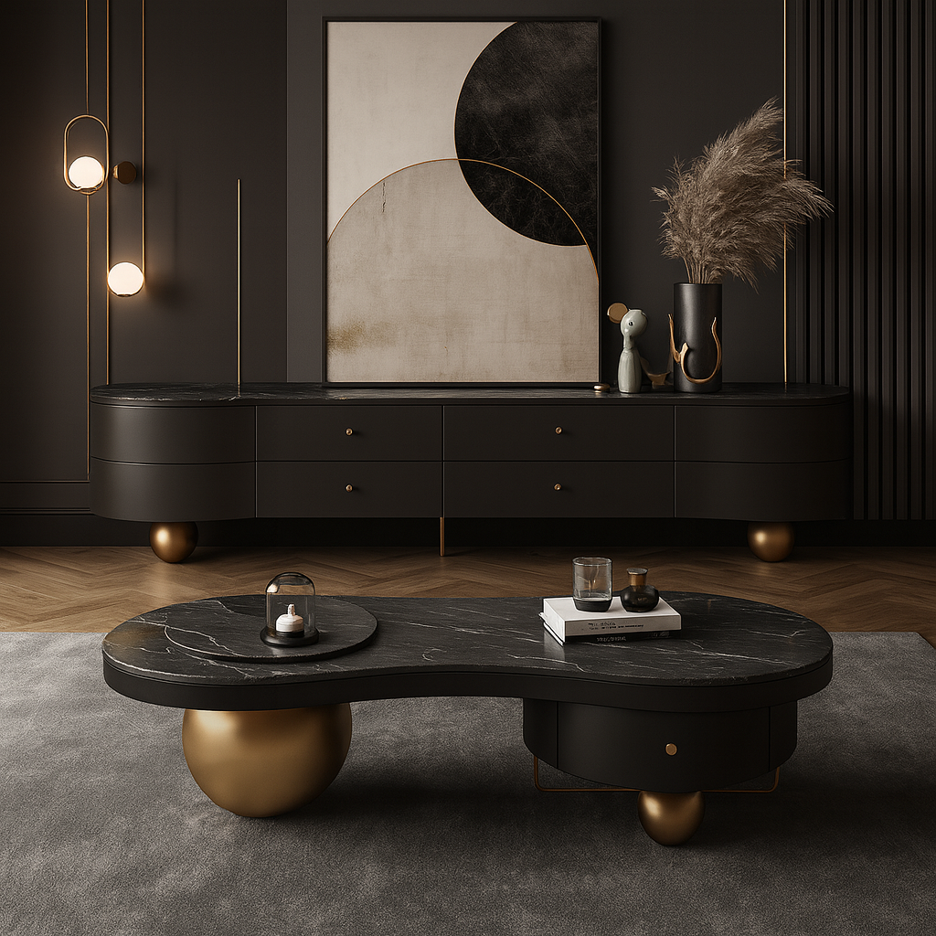 Modern living room with a dark coffee table, decorative items, and abstract art on the wall.
